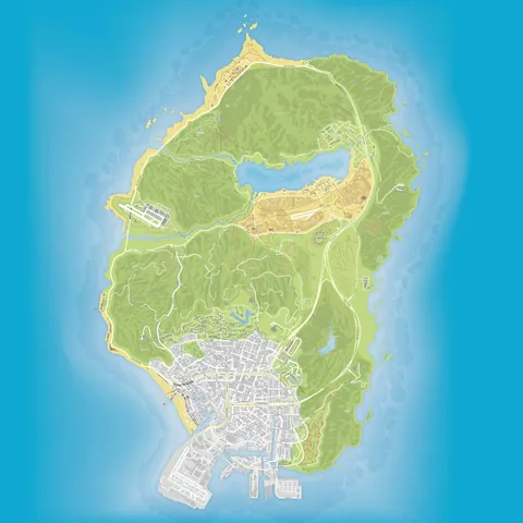 Carte de GTA V telle qu’elle s’affiche dans le jeu : Los Santos au sud, Blaine County au nord, carte de Rockstar Games