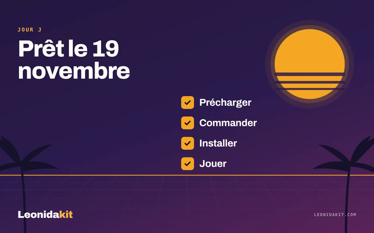 Illustration Leonidakit : une liste de cases cochées sur fond de soleil couchant, en ambre, corail et nuit