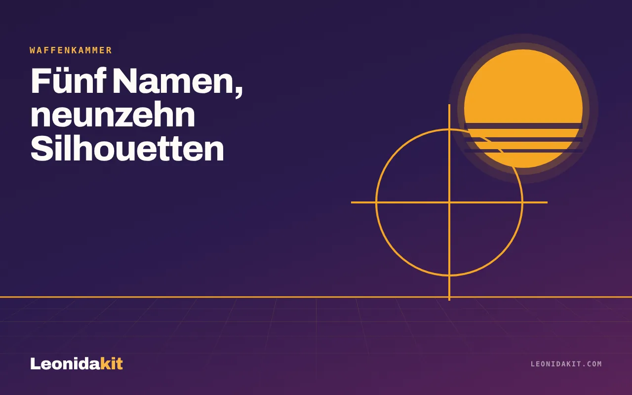 Leonidakit-Illustration: ein stilisiertes Fadenkreuz und Waffensilhouetten im Schatten, eine Amber-Kante auf Nachthintergrund
