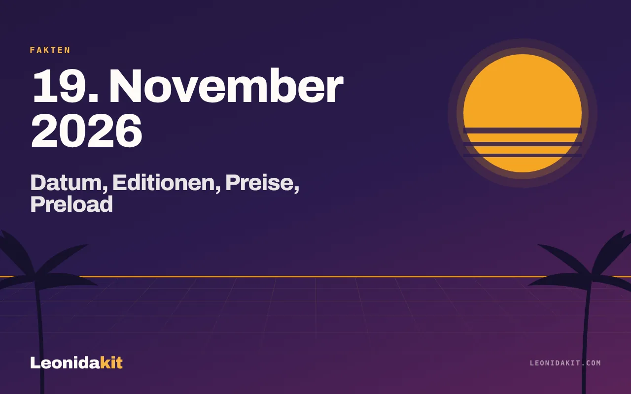 Leonidakit-Illustration: ein stilisierter Kalender, aufgeschlagen am 19. November 2026, korallenrote Sonne und amberfarbene Palmwedel