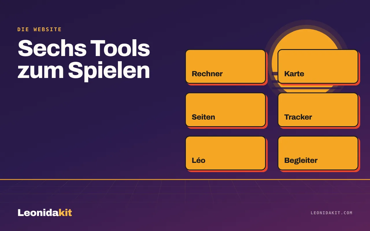 Leonidakit-Illustration: sechs stilisierte Tool-Icons im Raster, Amber und Koralle auf Papierhintergrund
