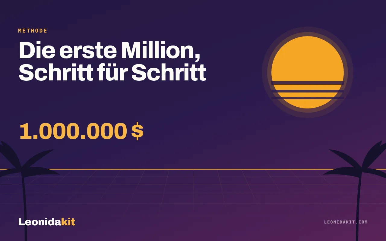 Leonidakit-Illustration: ein stilisierter Zähler, der auf eine Million zusteigt, vor einem Sonnenuntergang in Koralle und Amber