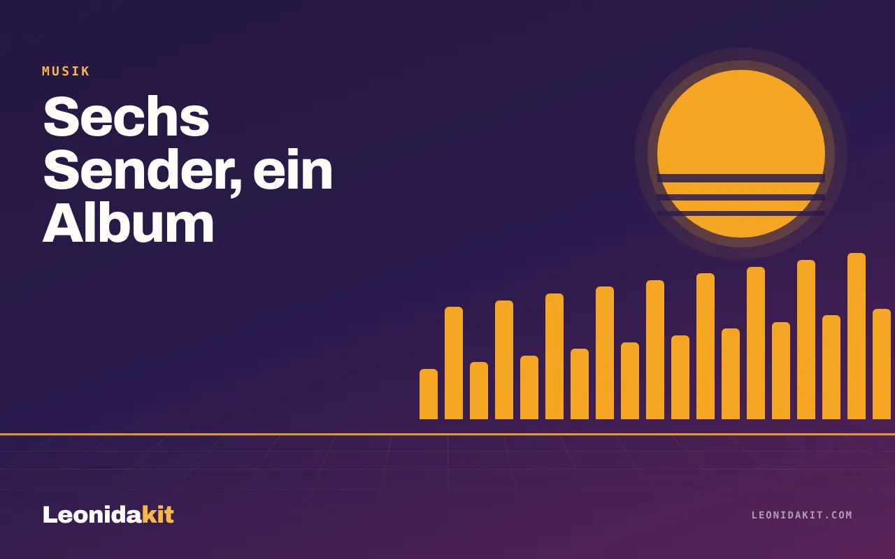 Leonidakit-Illustration: eine stilisierte Radioskala und Equalizer-Balken in Amber und Koralle auf Nachthintergrund