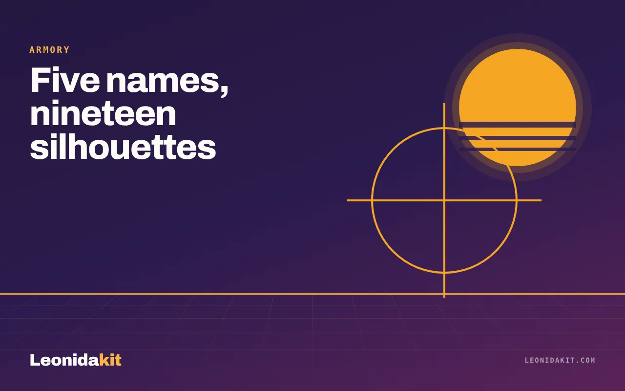 Leonidakit illustration: a stylized crosshair and weapon silhouettes in shadow, an amber edge on a night background