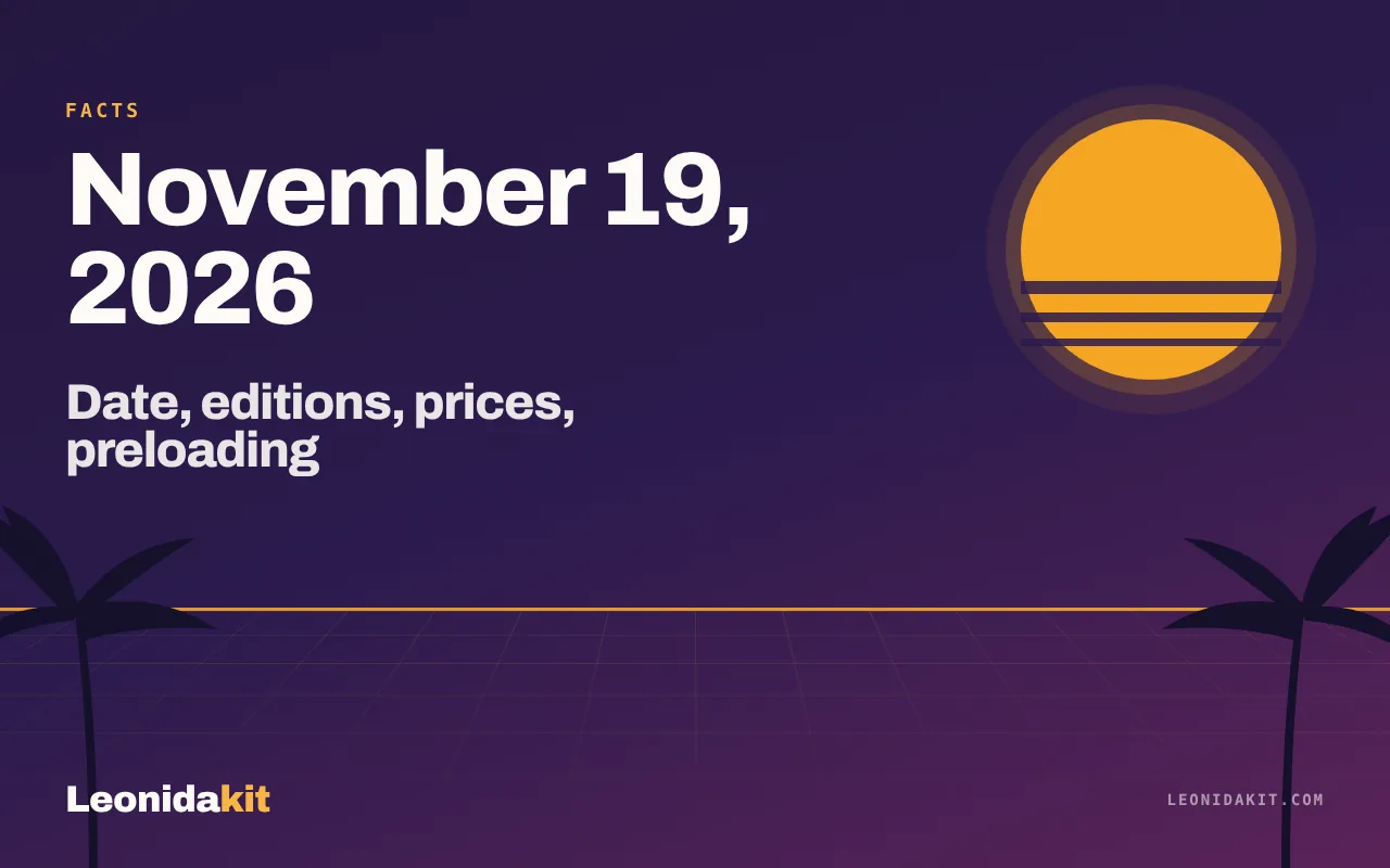 Leonidakit illustration: a stylized calendar open on November 19, 2026, coral sun and amber palm leaves
