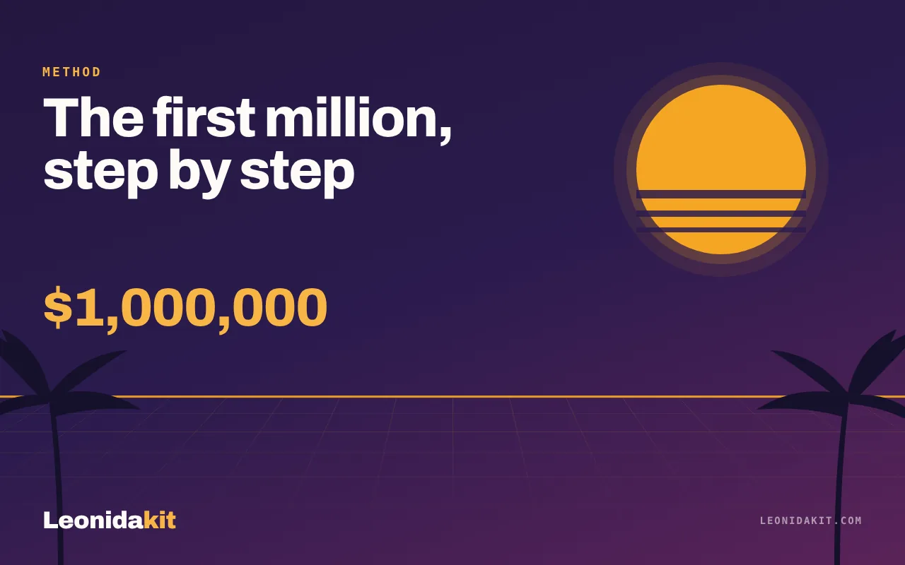 Leonidakit illustration: a stylized counter climbing toward one million, against a coral and amber sunset