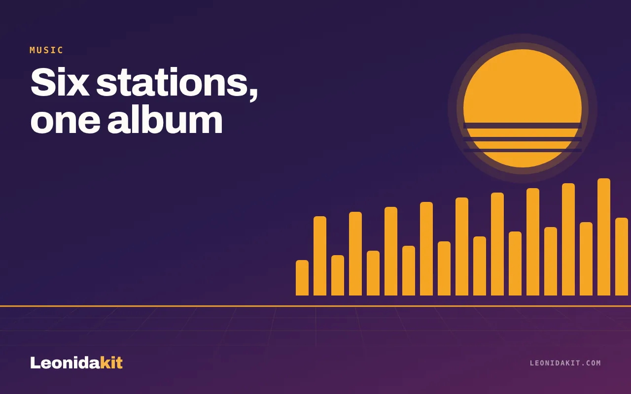 Leonidakit illustration: a stylized radio dial and equalizer bars in amber and coral on a night background