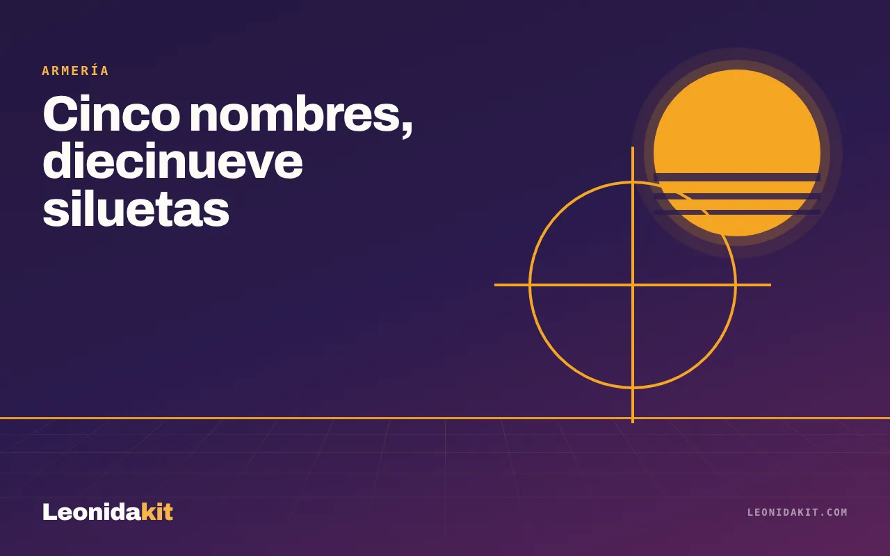 Ilustración de Leonidakit: una mira estilizada y siluetas de armas en sombra, un borde ámbar sobre fondo nocturno