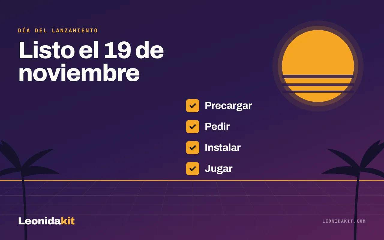 Ilustración de Leonidakit: una lista de casillas marcadas sobre un fondo de sol poniente, en ámbar, coral y noche