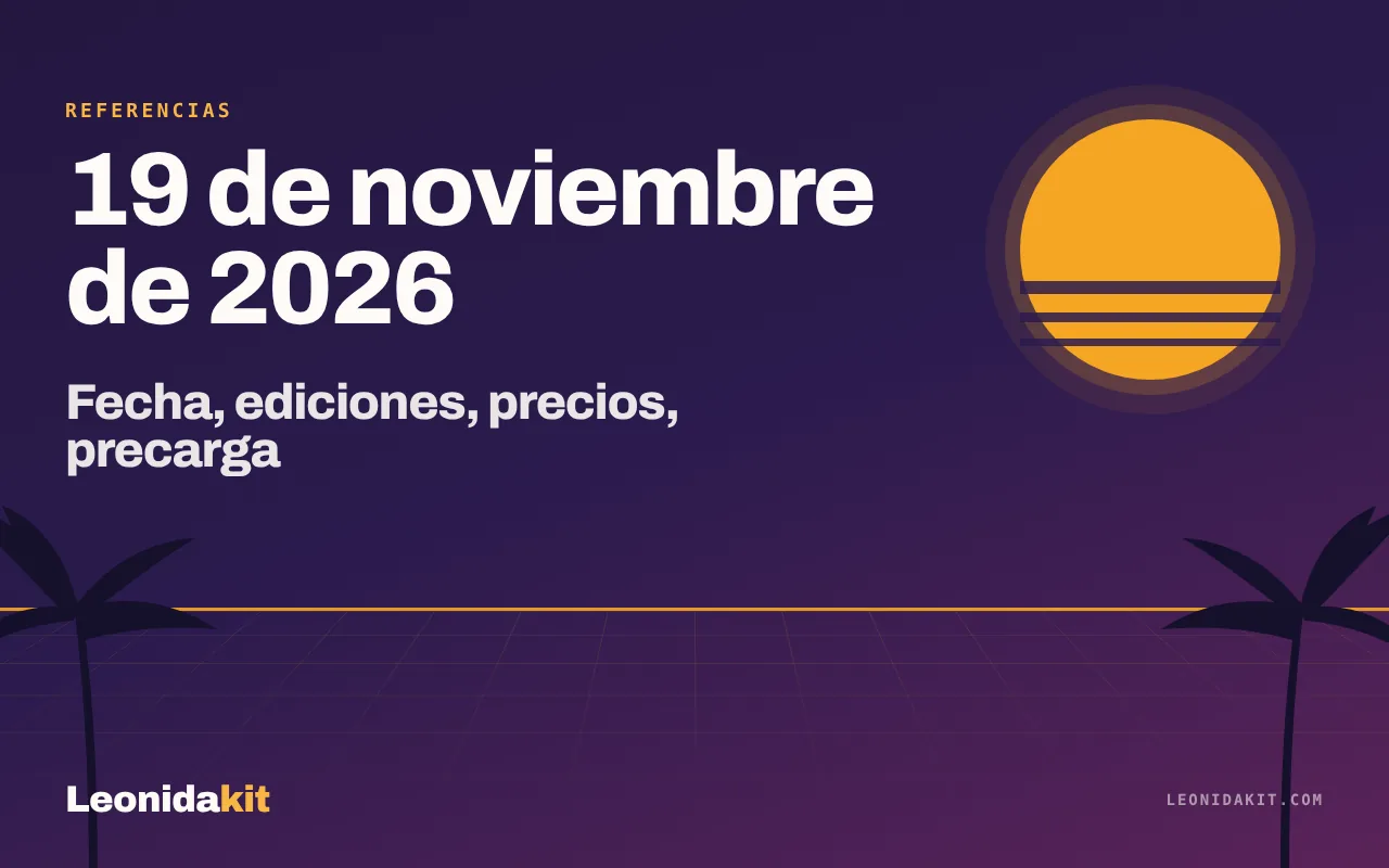 Ilustración de Leonidakit: un calendario estilizado abierto en el 19 de noviembre de 2026, sol coral y palmas ámbar