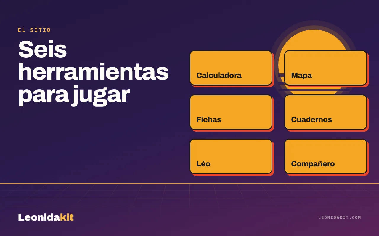 Ilustración de Leonidakit: seis iconos de herramientas estilizados en cuadrícula, ámbar y coral sobre fondo papel