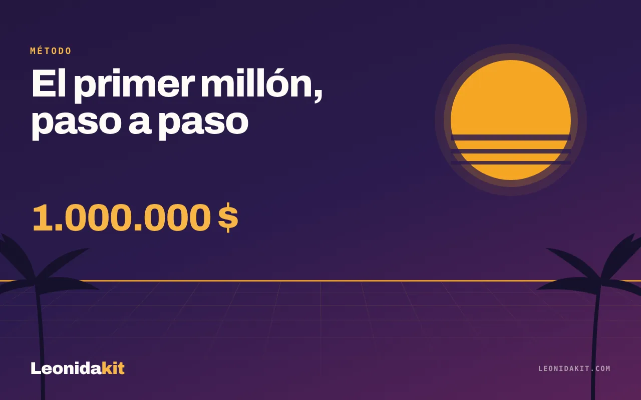 Ilustración de Leonidakit: un contador estilizado que sube hacia un millón, sobre un fondo de sol poniente coral y ámbar
