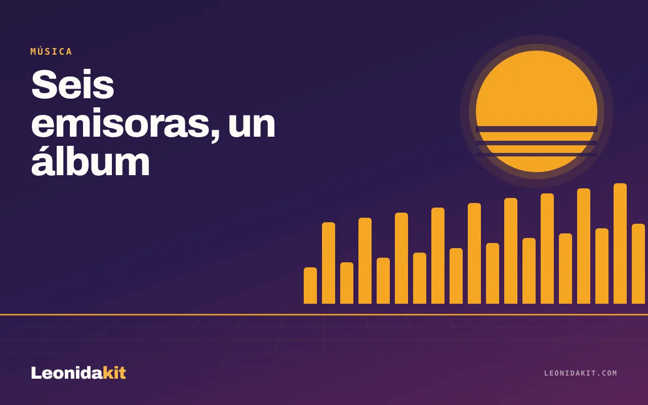 Ilustración de Leonidakit: un dial de radio estilizado y barras de ecualizador en ámbar y coral sobre fondo nocturno