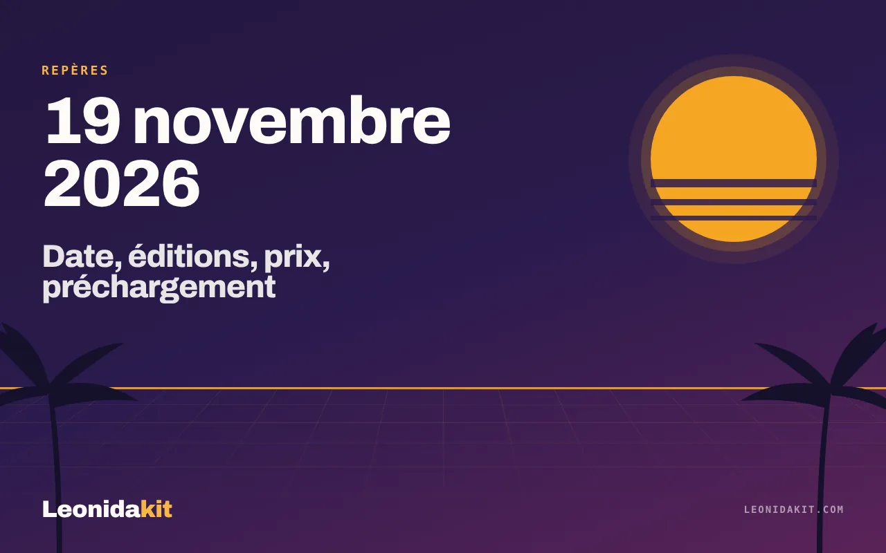 Illustration Leonidakit : un calendrier stylisé ouvert sur le 19 novembre 2026, soleil corail et palmes ambre