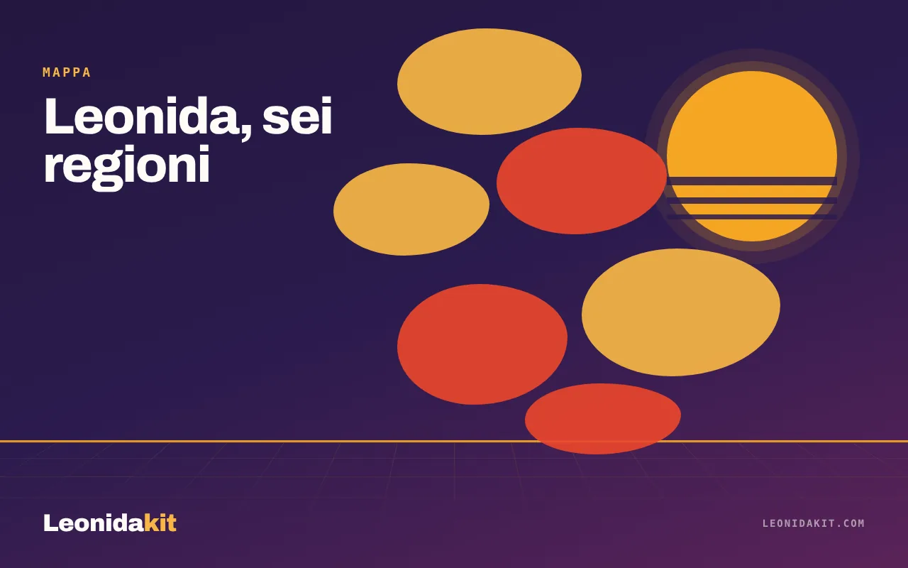 Illustrazione Leonidakit: le sei regioni di Leonida in forme piatte stilizzate, sole corallo, acqua turchese e sabbia ambra