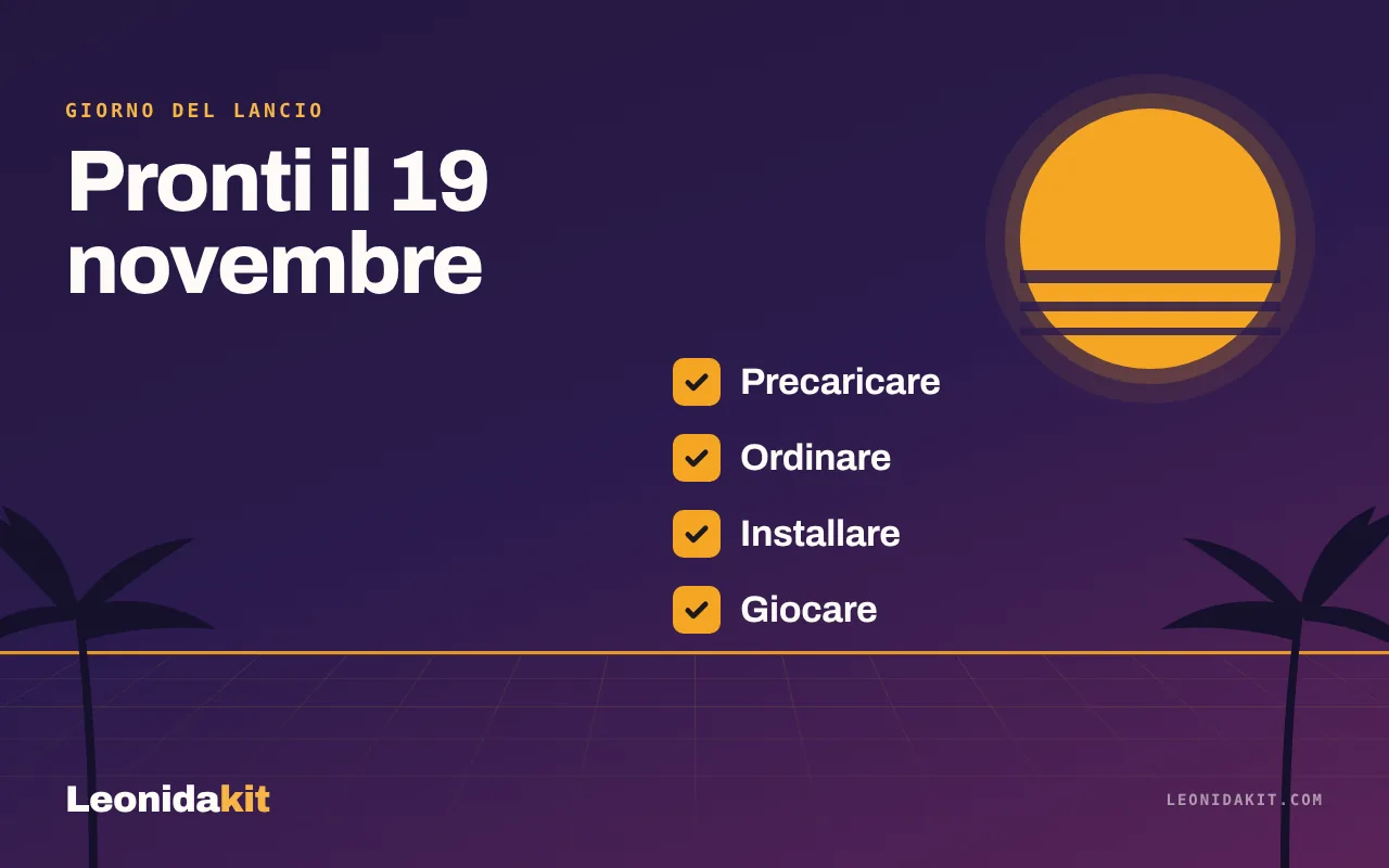 Illustrazione Leonidakit: una lista di caselle spuntate su uno sfondo di sole al tramonto, in ambra, corallo e notte