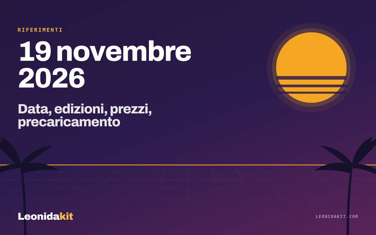 Illustrazione Leonidakit: un calendario stilizzato aperto sul 19 novembre 2026, sole corallo e palme ambra