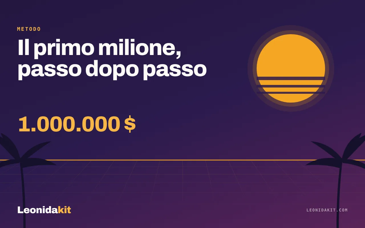 Illustrazione Leonidakit: un contatore stilizzato che sale verso un milione, su uno sfondo di sole al tramonto corallo e ambra