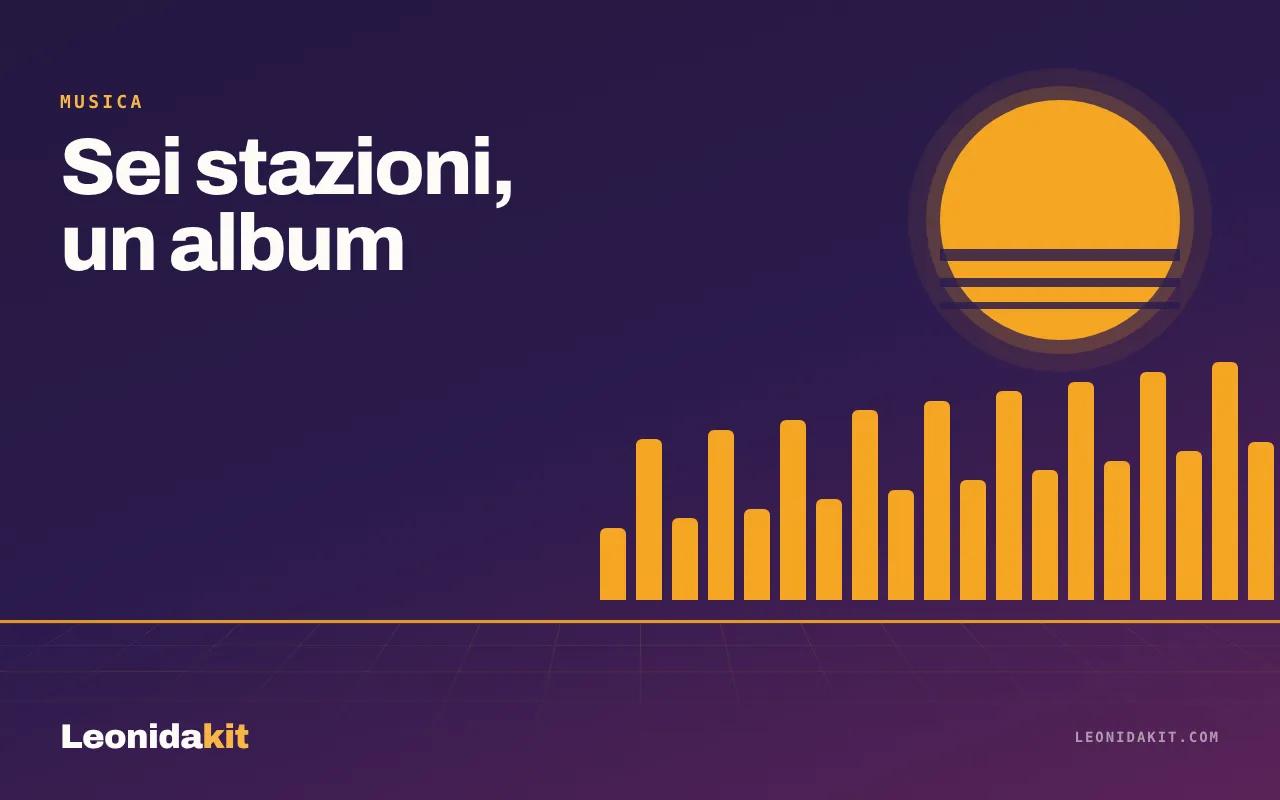Illustrazione Leonidakit: una manopola di radio stilizzata e barre di equalizzatore in ambra e corallo su fondo notte