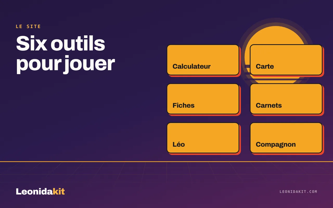 Illustration Leonidakit : six icônes d’outils stylisées en grille, ambre et corail sur fond papier