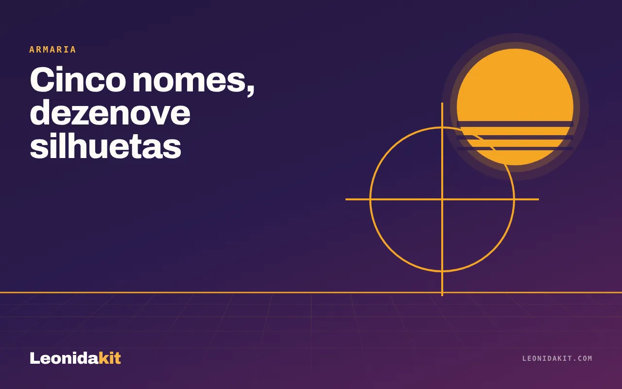 Ilustração Leonidakit: uma mira estilizada e silhuetas de armas na sombra, uma borda âmbar sobre fundo noturno