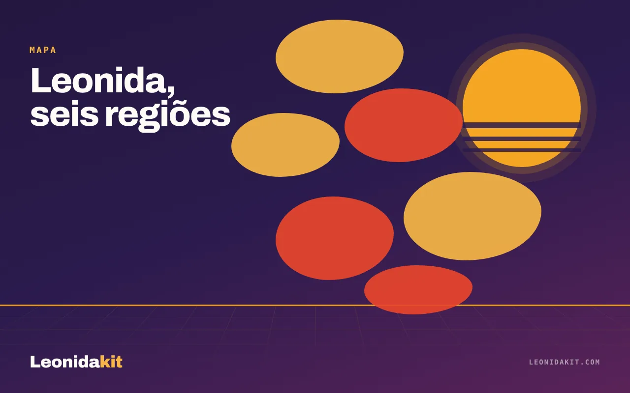 Ilustração Leonidakit: as seis regiões de Leonida em formas planas estilizadas, sol coral, água turquesa e areia âmbar