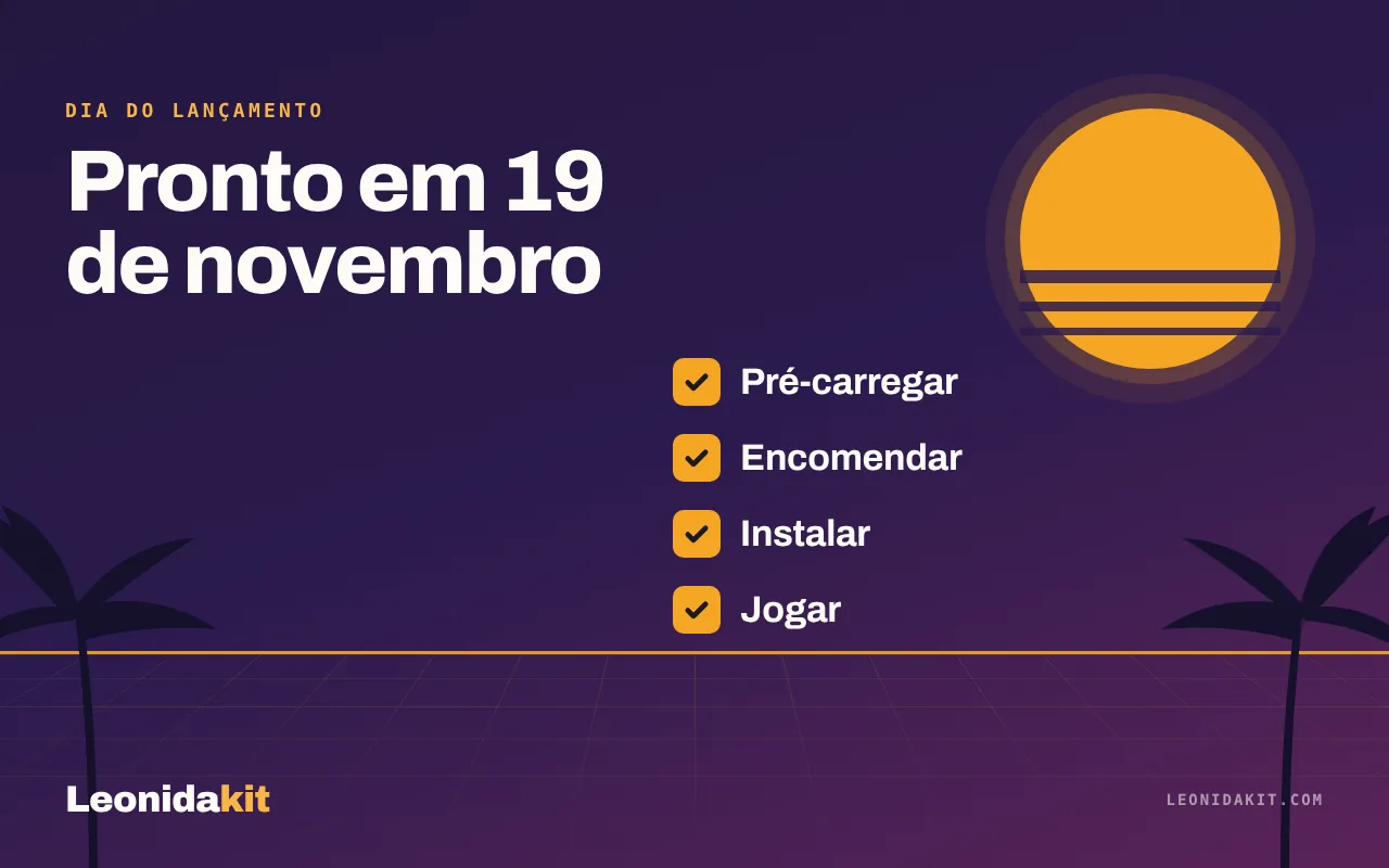 Ilustração Leonidakit: uma lista de caixas marcadas sobre um fundo de pôr do sol, em âmbar, coral e noite