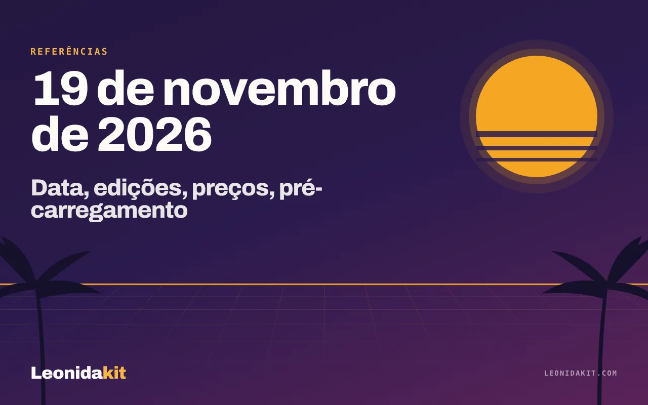 Ilustração Leonidakit: um calendário estilizado aberto em 19 de novembro de 2026, sol coral e palmas âmbar