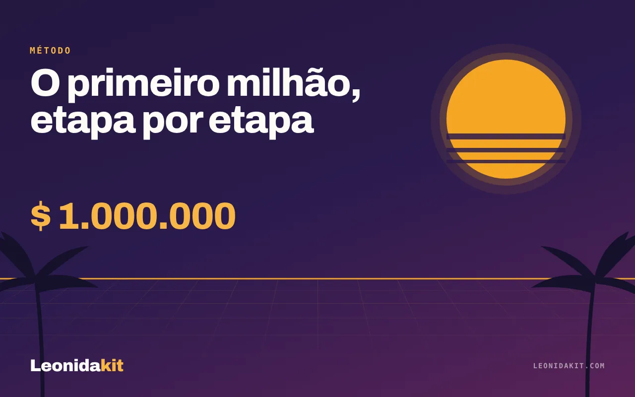 Ilustração Leonidakit: um contador estilizado que sobe até um milhão, sobre um fundo de pôr do sol coral e âmbar