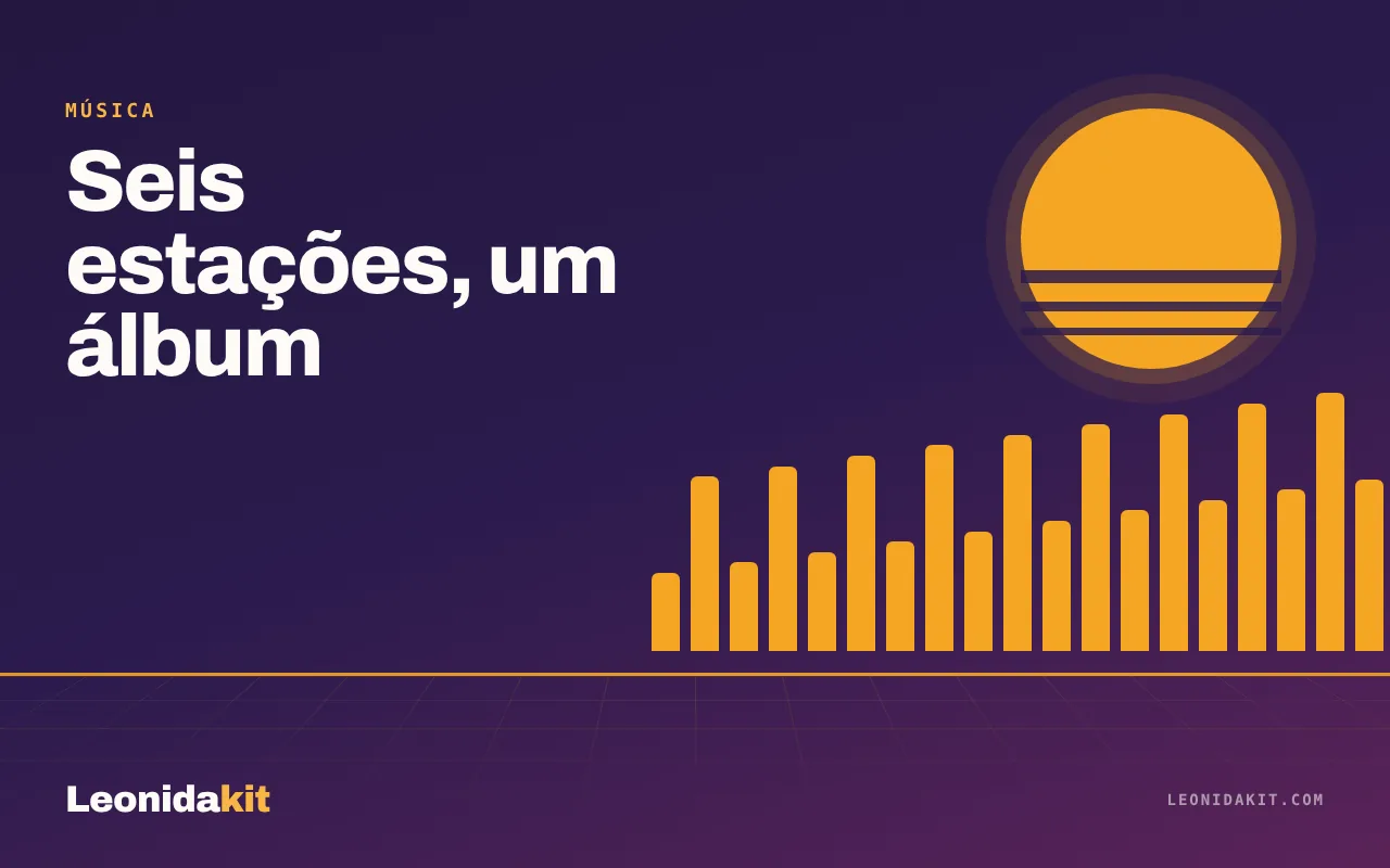 Ilustração Leonidakit: um dial de rádio estilizado e barras de equalizador em âmbar e coral sobre fundo noturno