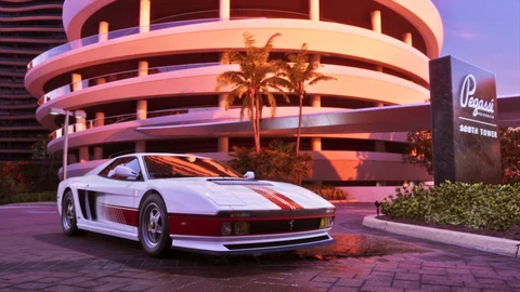 Grotti Cheetah blanche devant un hôtel Art déco, visuel officiel Rockstar Games