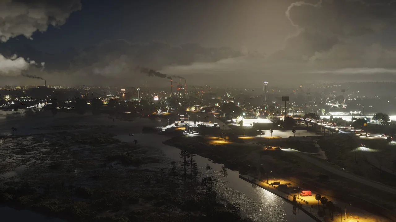 Vue nocturne d’une plaine, avec des usines et des cheminées qui fument au loin, capture officielle de GTA VI