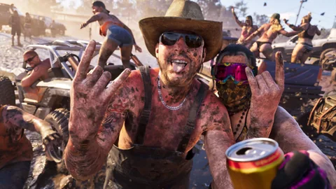 Fête dans la boue à Ambrosia : un homme couvert de boue, chapeau de cow-boy sur la tête, fait des signes au milieu de buggys et de quads, capture officielle Rockstar Games
