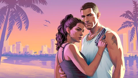 Lucia tient un petit pistolet contre Jason sur une illustration officielle de GTA VI.