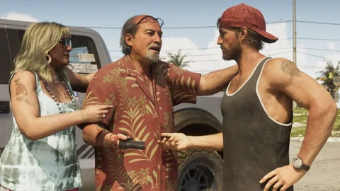Brian Heder entre une femme blonde et Jason, devant un pick-up, visuel officiel Rockstar Games