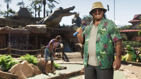 Cal Hampton devant un décor de minigolf