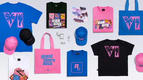 Tee-shirts, casquettes, tote bags, autocollants et petits objets en métal aux logos de GTA VI, de Vice City et de Rockstar Games, photo officielle