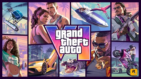 La jaquette officielle de GTA VI : Jason et Lucia au centre, entourés de Boobie, de Raul, d’un alligator et de scènes de Leonida, illustration officielle