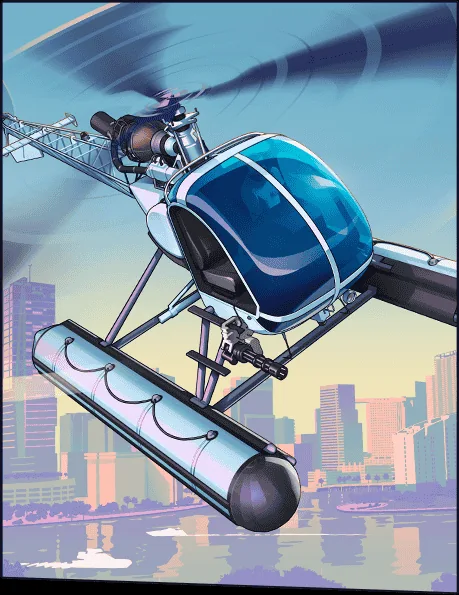 Hélicoptère bleu à flotteurs sur une illustration de la jaquette officielle GTA VI