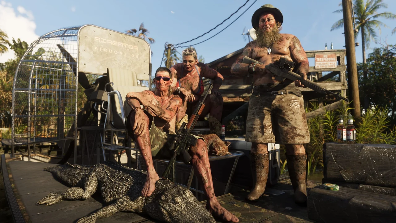 Trois habitants couverts de boue posent sur un hydroglisseur avec un alligator et un félin abattus, armes en main, capture officielle de GTA VI