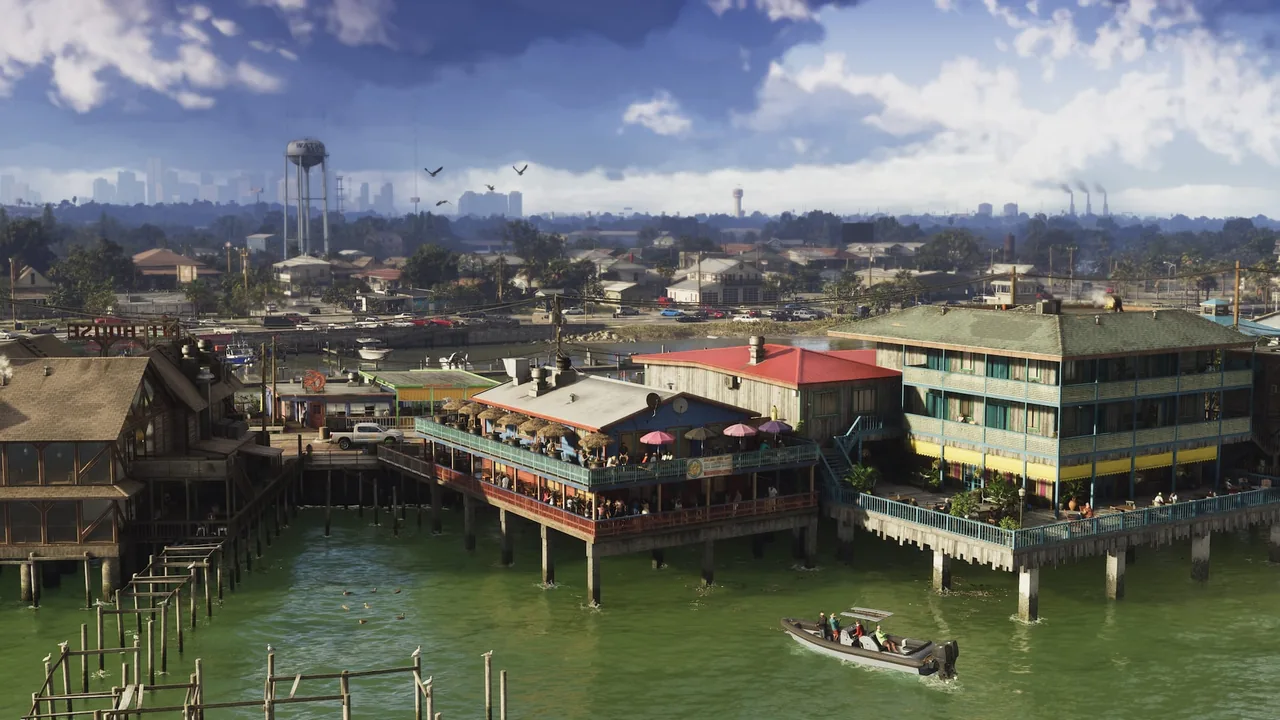 Un bateau à moteur file vers des bâtiments sur pilotis, des gratte-ciel au loin, capture officielle de GTA VI