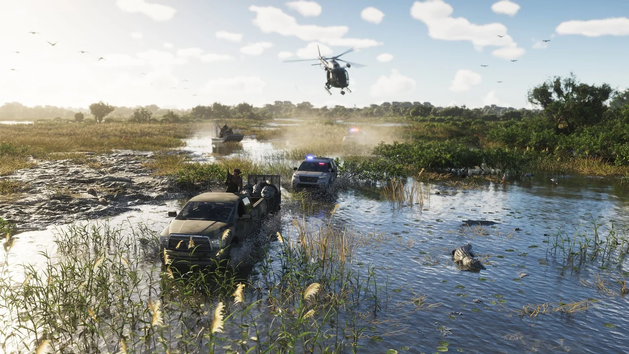 Un hélicoptère et deux voitures de police poursuivent un pick-up dans les marais, parmi les alligators, capture officielle de GTA VI