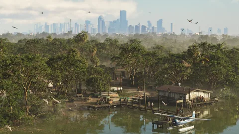 Vue des marais de Grassrivers vers les tours de Vice City, des oiseaux en vol au-dessus des cabanes et d’un hydravion, capture officielle Rockstar Games