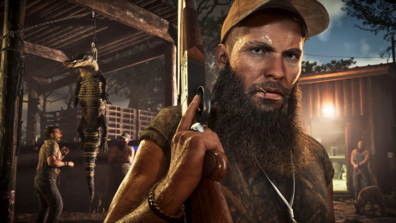 Homme barbu à la casquette, un fusil à l’épaule, un alligator suspendu derrière lui, capture officielle de GTA VI