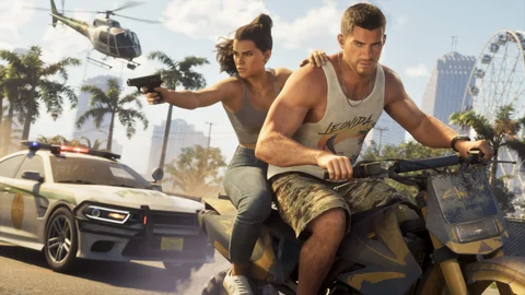 Jason et Lucia à moto, Lucia tirant au pistolet, poursuivis par une voiture de police, visuel officiel Rockstar Games