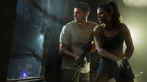 Jason porte une carabine avec lunette tandis que Lucia tient un revolver, visuel officiel Rockstar Games