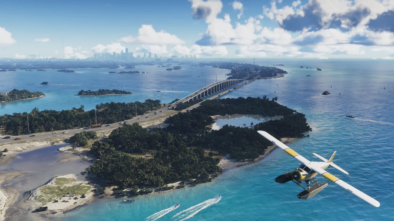 Un hydravion survole des îles reliées par des ponts, au milieu d’une mer turquoise, capture officielle de GTA VI