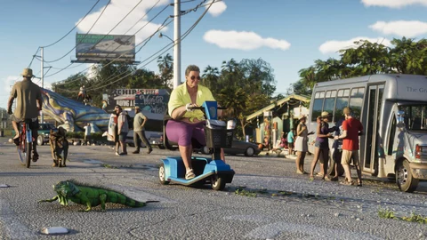 Passants et conducteur d’un scooter de mobilité près d’un iguane, dans une rue des Leonida Keys (capture officielle)