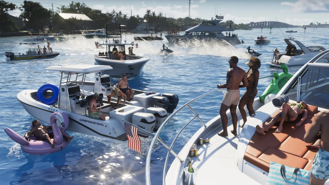 Fête sur des bateaux : un homme sur une bouée flamant rose, des jet-skis au loin, capture officielle de GTA VI