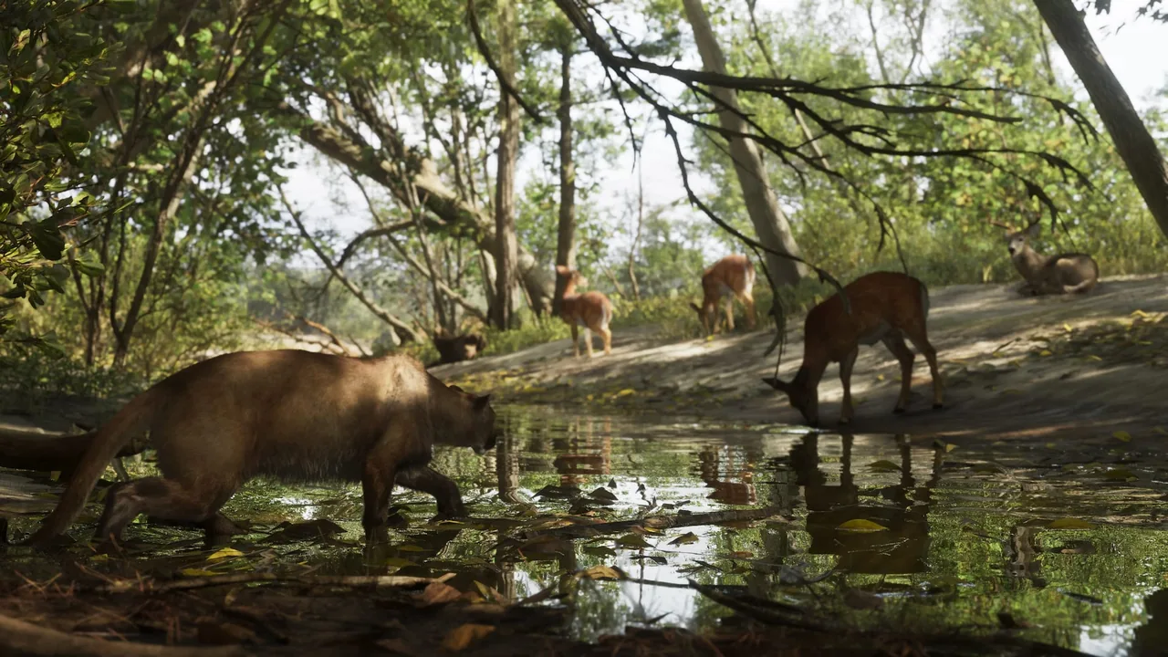 Un puma s’approche de cerfs qui boivent au ruisseau, capture officielle de GTA VI